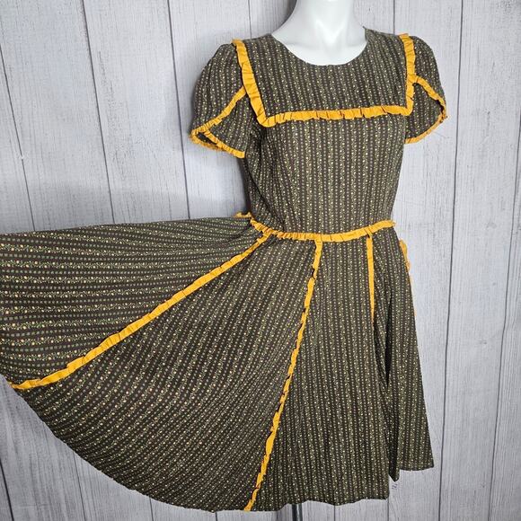 VTG Handmade Floral Striped Square Dancing Dress with Yellow Ruffle Trim - Picture 1 of 7